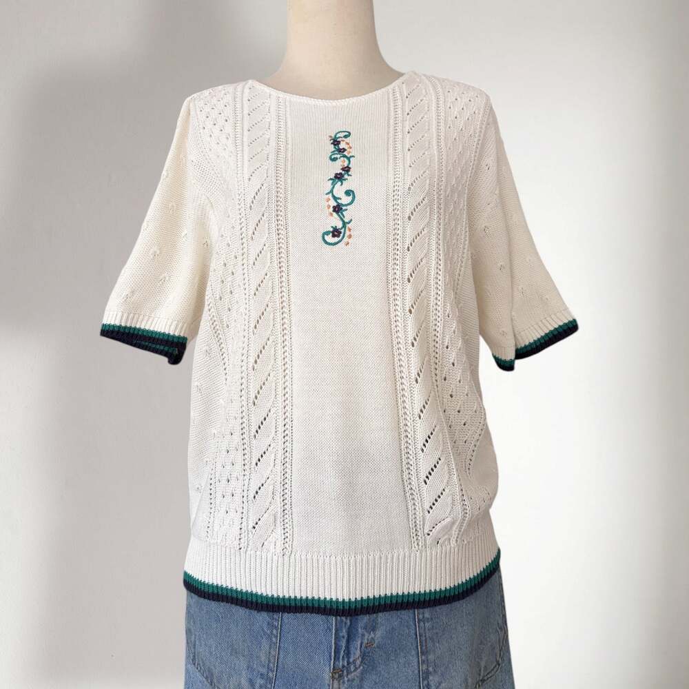 Vintage Cream Pointelle Knit Floral Embroidered Short Sleeve Top Grannycore